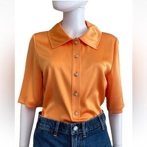 St. John Crystal Button Polo Crepe Shirt Blouse Preppy Sporty Resortwear Sz 10